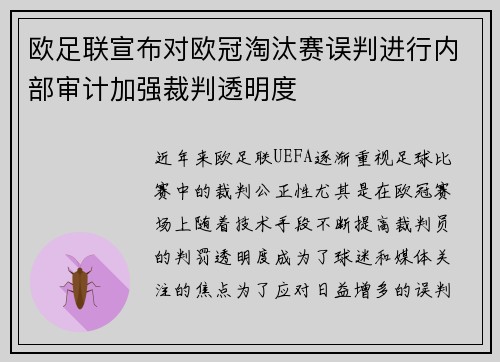 欧足联宣布对欧冠淘汰赛误判进行内部审计加强裁判透明度